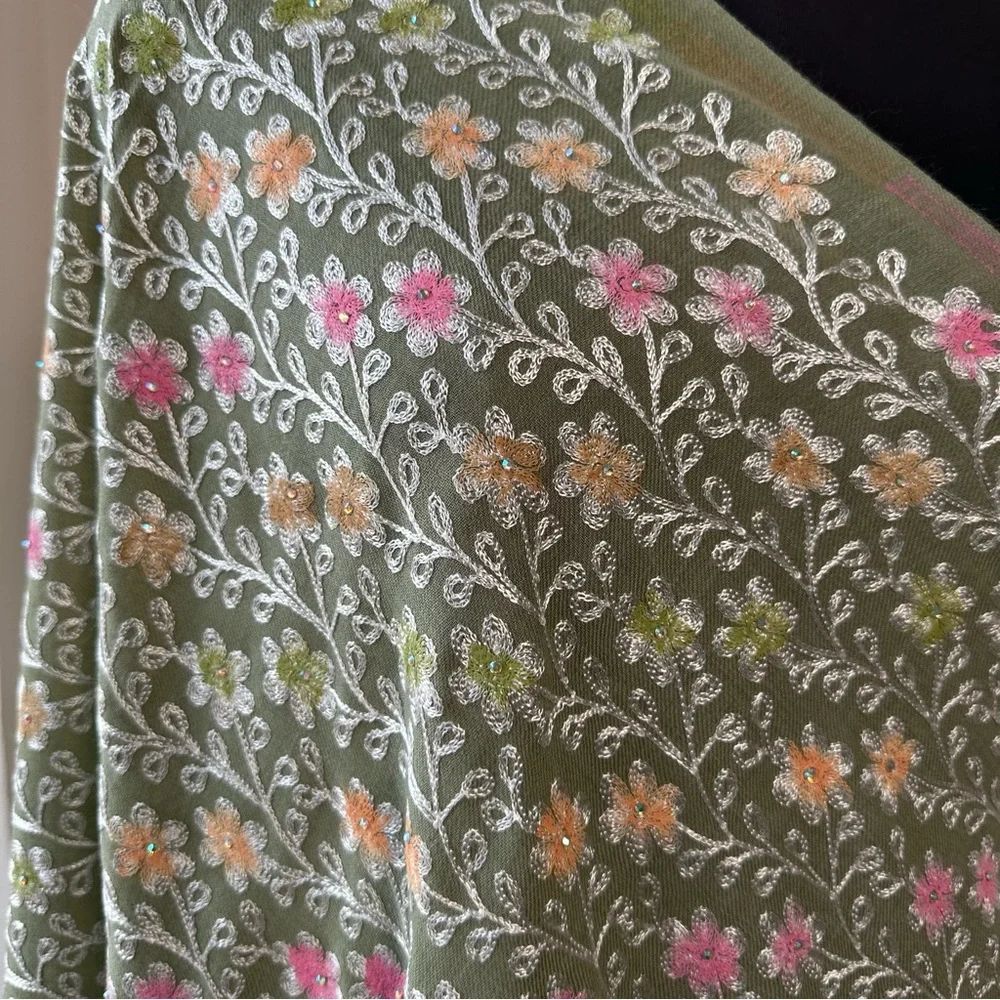 Olive Green Floral Embroidered Pashmina Shawl / Wrap / Scarf | Soft Winter Stole